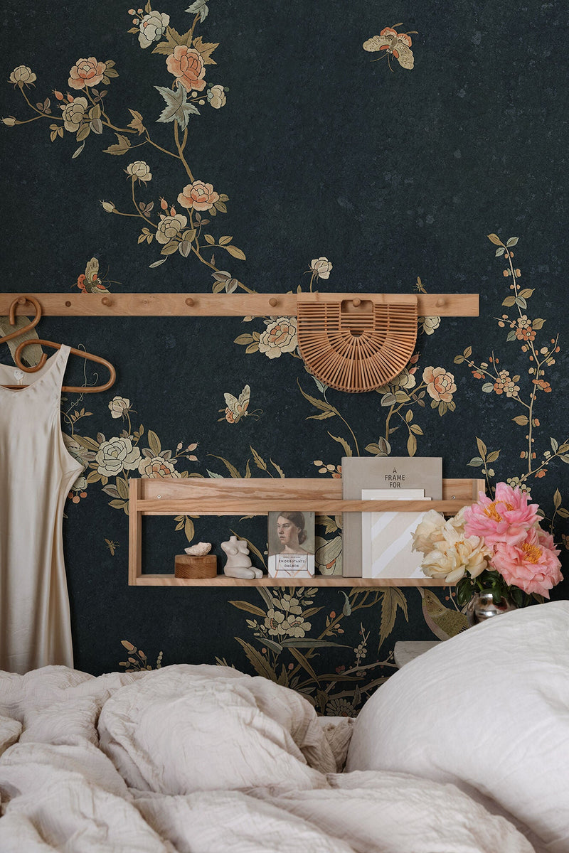 S10428 Midnight Blue Bloom Chinoiserie Garden Mural by Sandberg
