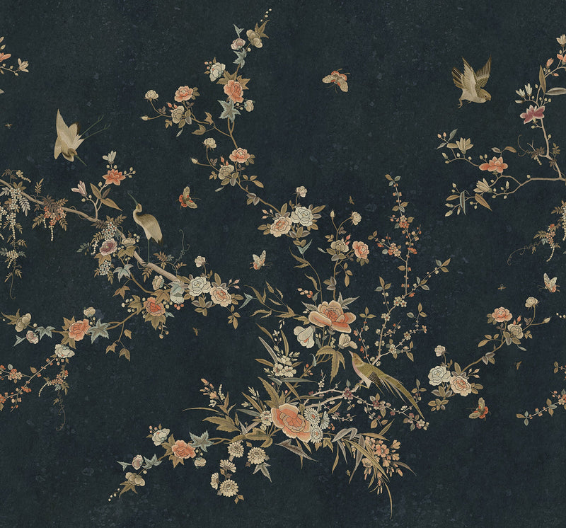 S10428 Midnight Blue Bloom Chinoiserie Garden Mural by Sandberg
