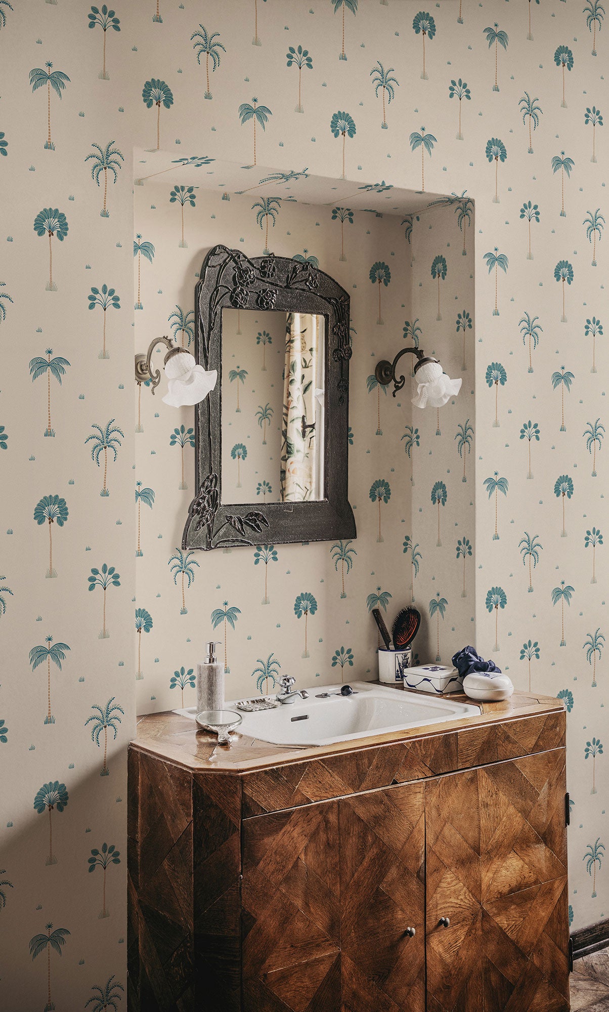 S10437 Misty Blue Milo Palm Garden Wallpaper by Sandberg