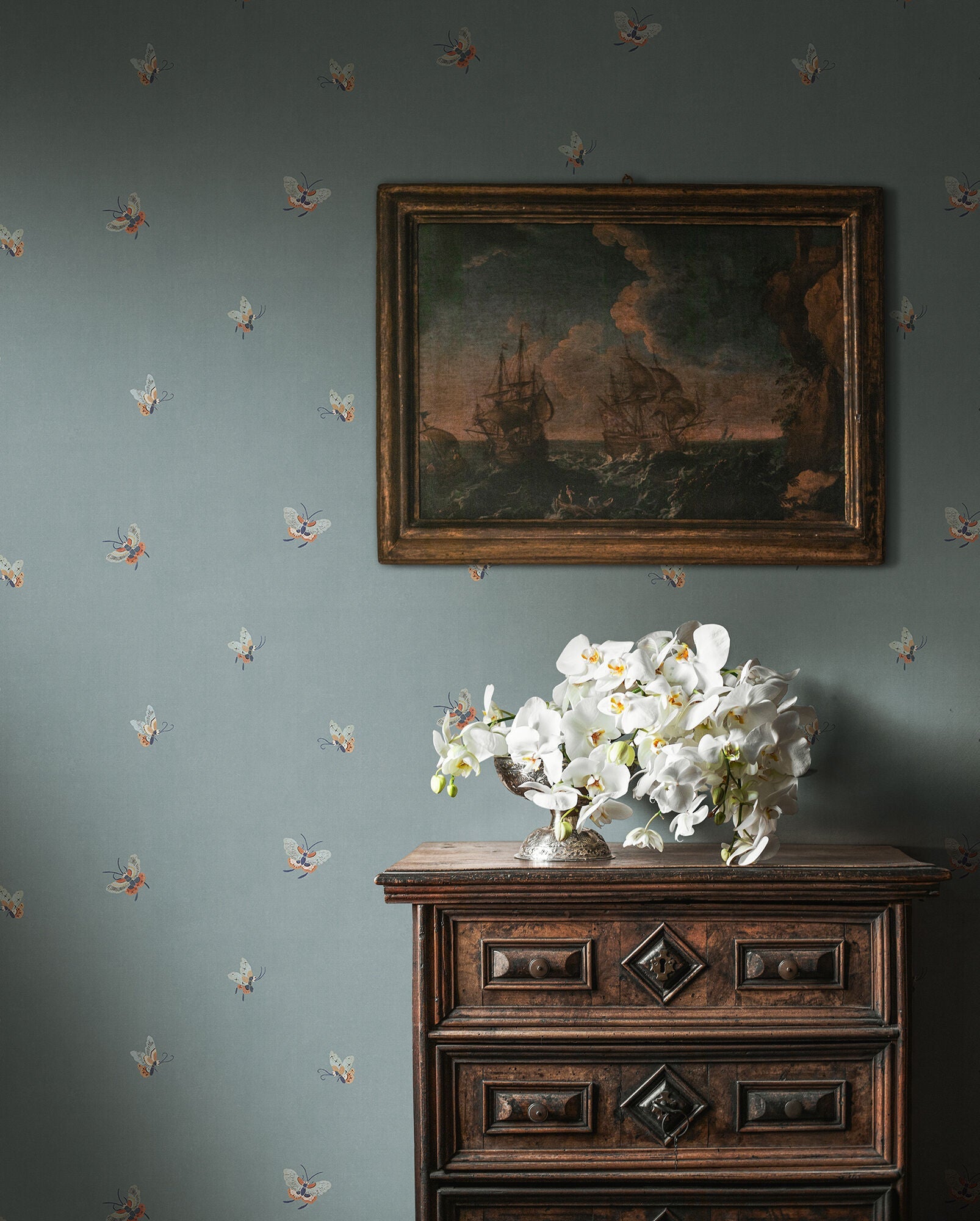S10448 Misty Blue Butterflies Chinoiserie Garden Wallpaper by Sandberg