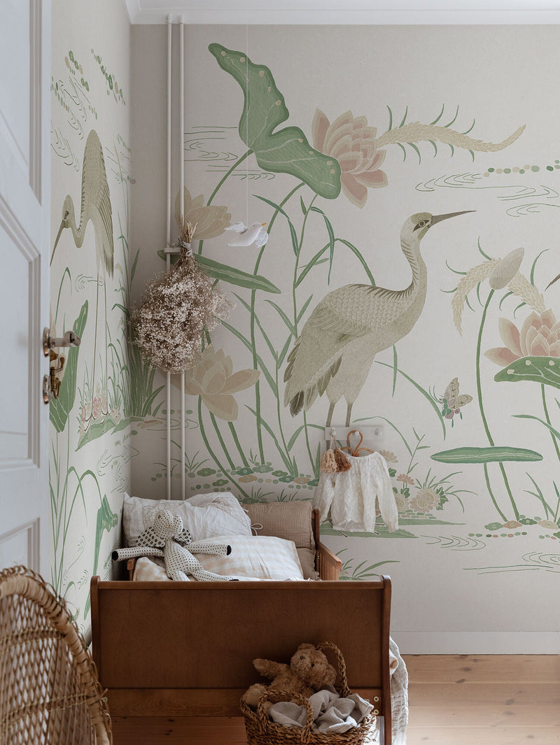 S10550 Green Seabirds Chinoiserie Garden Mural by Sandberg