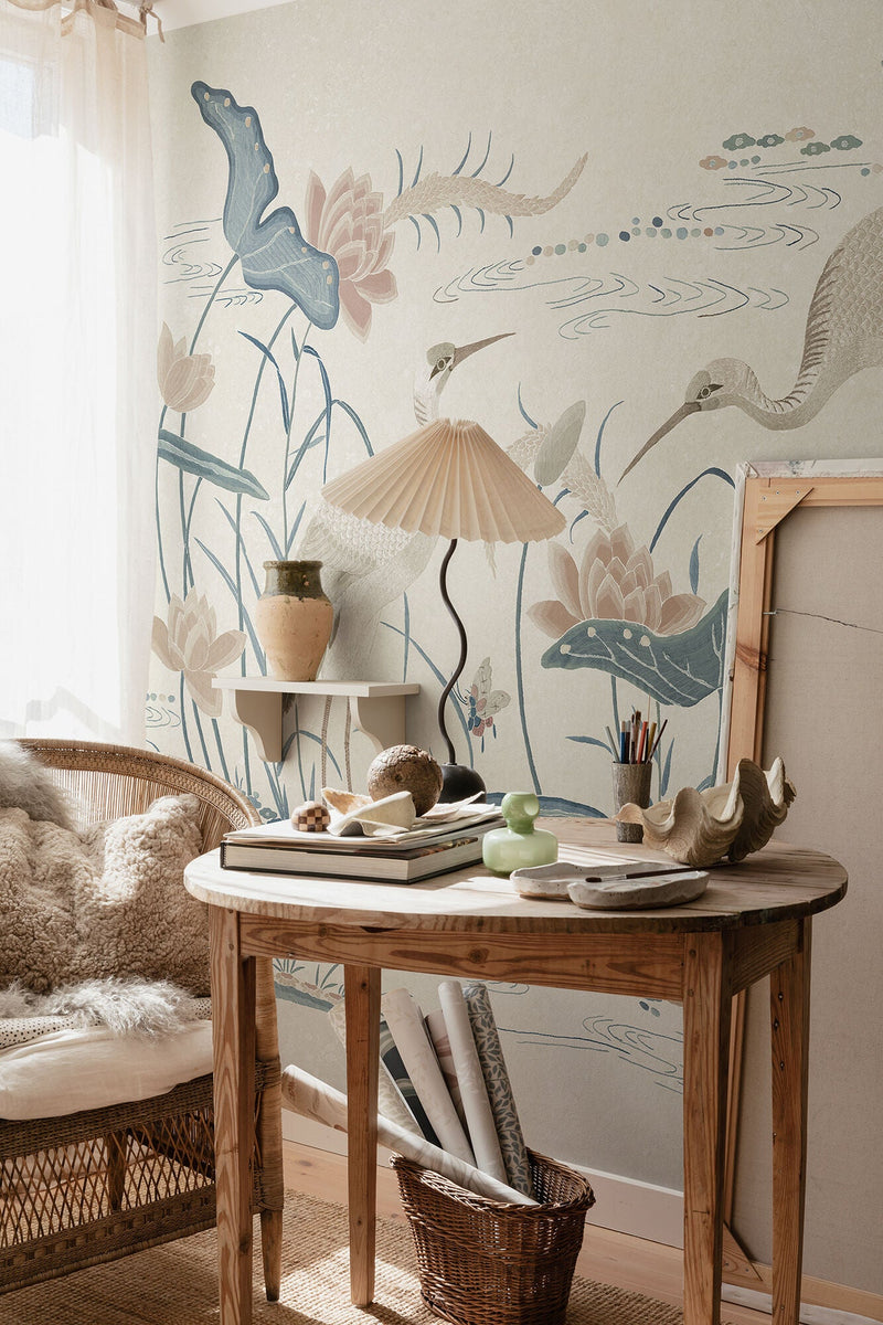 S10551 Misty Blue Seabirds Chinoiserie Garden Mural by Sandberg