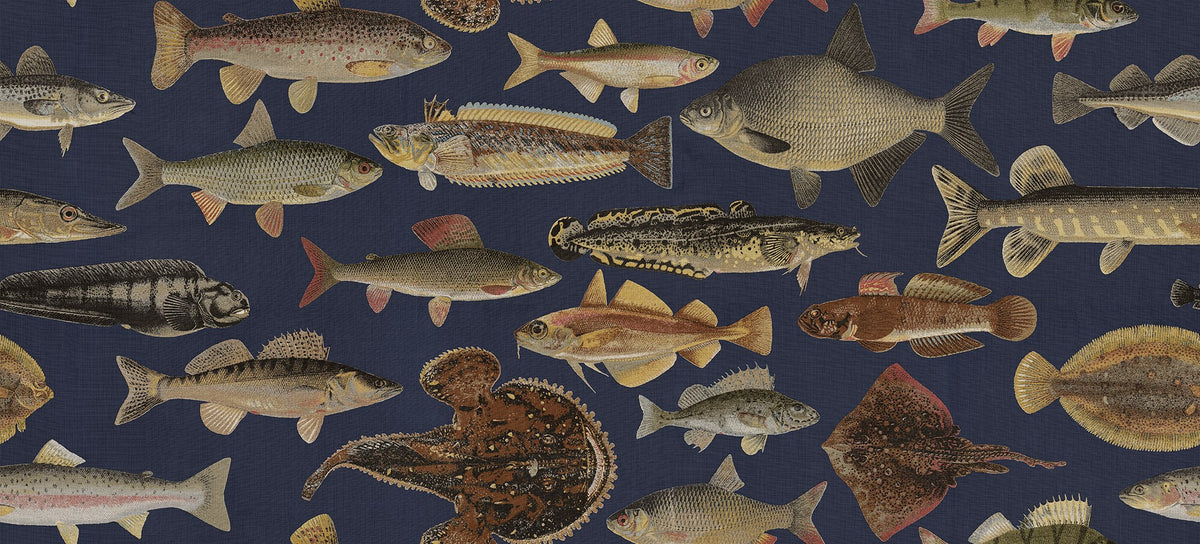 S10729 Scandinavian Fishes Dark Blue Heritage Mural by Sandberg