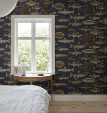 S10729 Scandinavian Fishes Dark Blue Heritage Mural by Sandberg