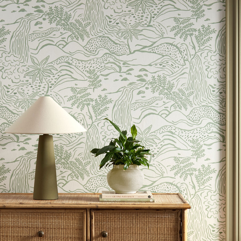 113267 Falling Foss Oakham Sage Wallpaper by Scion