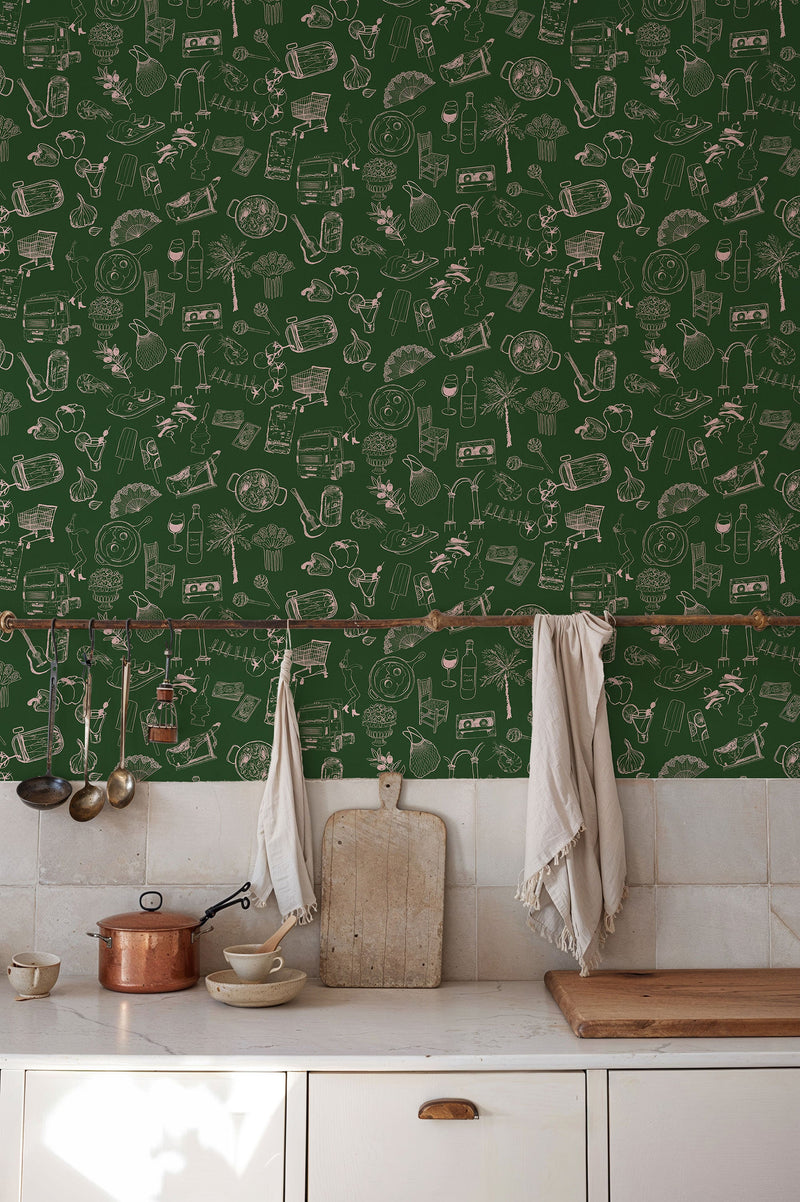Souvenirs Green Solera Wallpaper by Tres Tintas