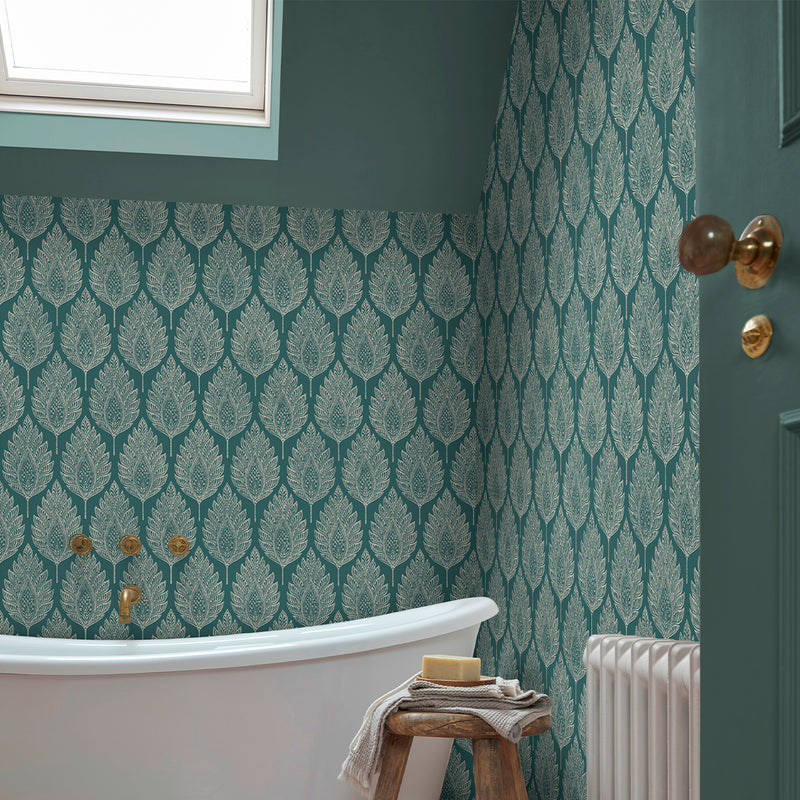 142309 Flame Leaf Teal Wallpaper by Graham & Brown