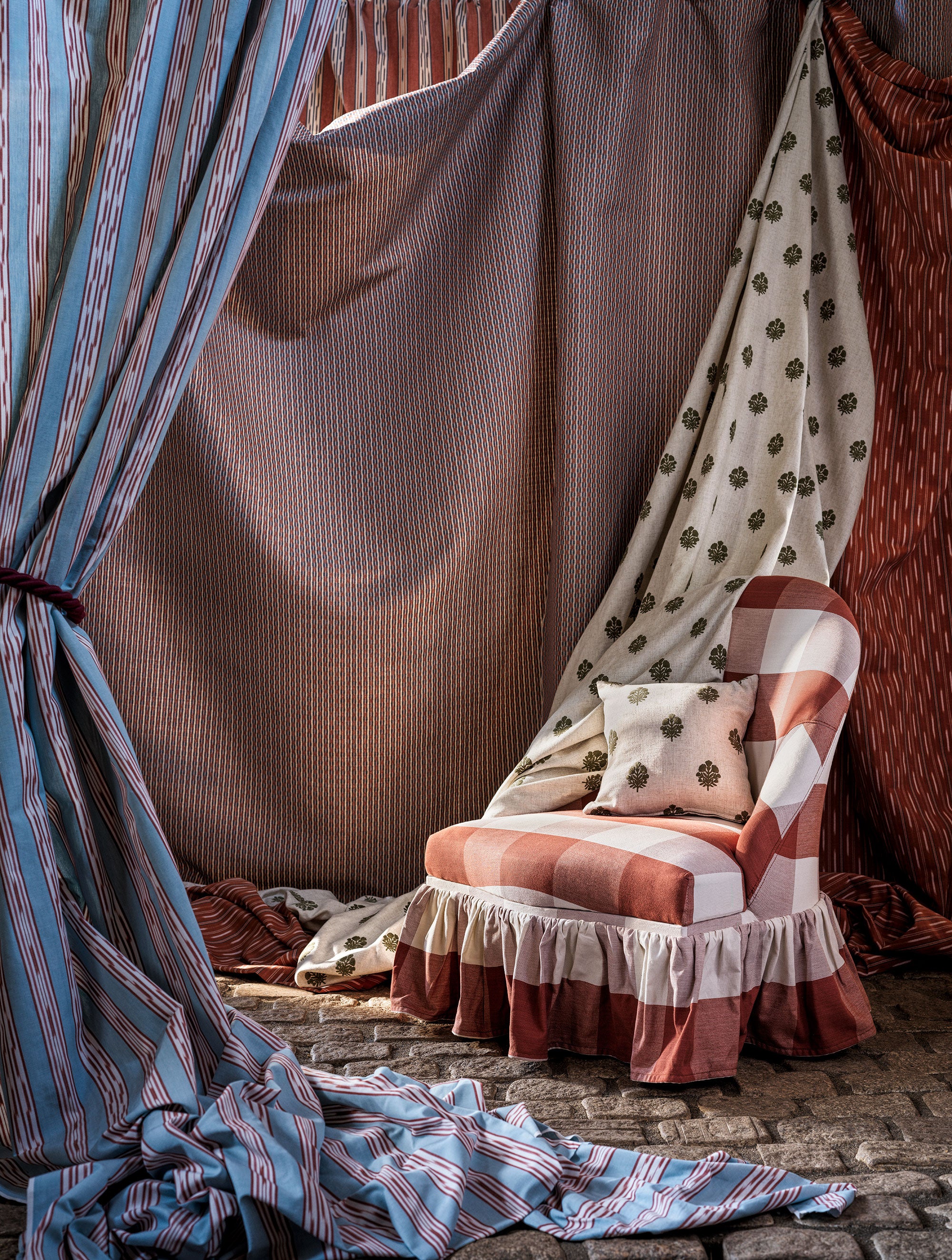 237740 Madras Check Madder Sabu Stripes & Ikats Fabric by Sanderson