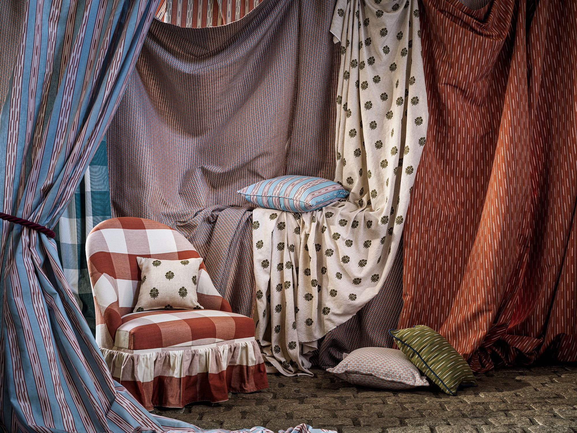 237740 Madras Check Madder Sabu Stripes & Ikats Fabric by Sanderson