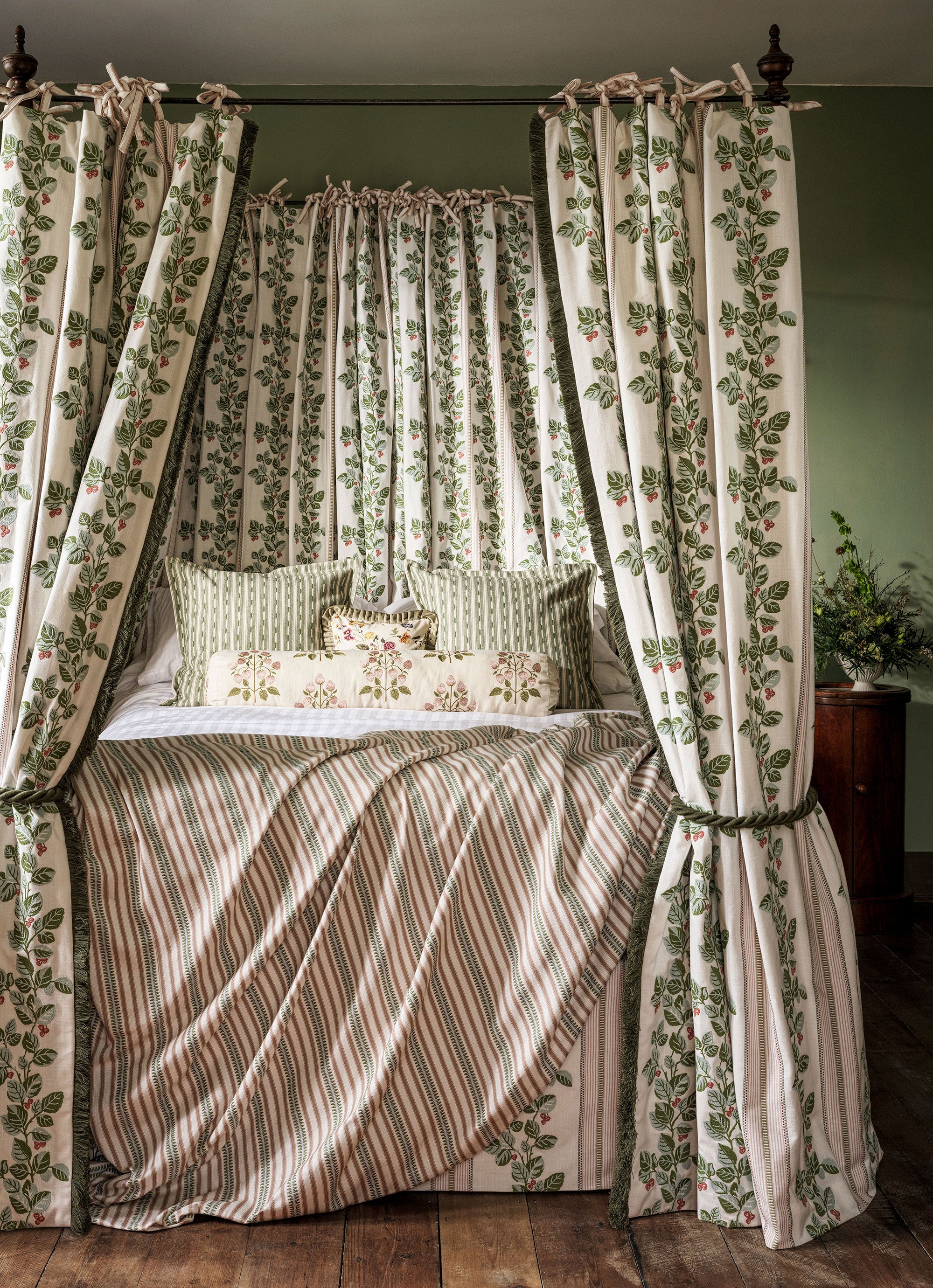 237785 Cobnut Stripe Leaf Green/Berry Sanderson x National Trust Volume II Fabric by Sanderson