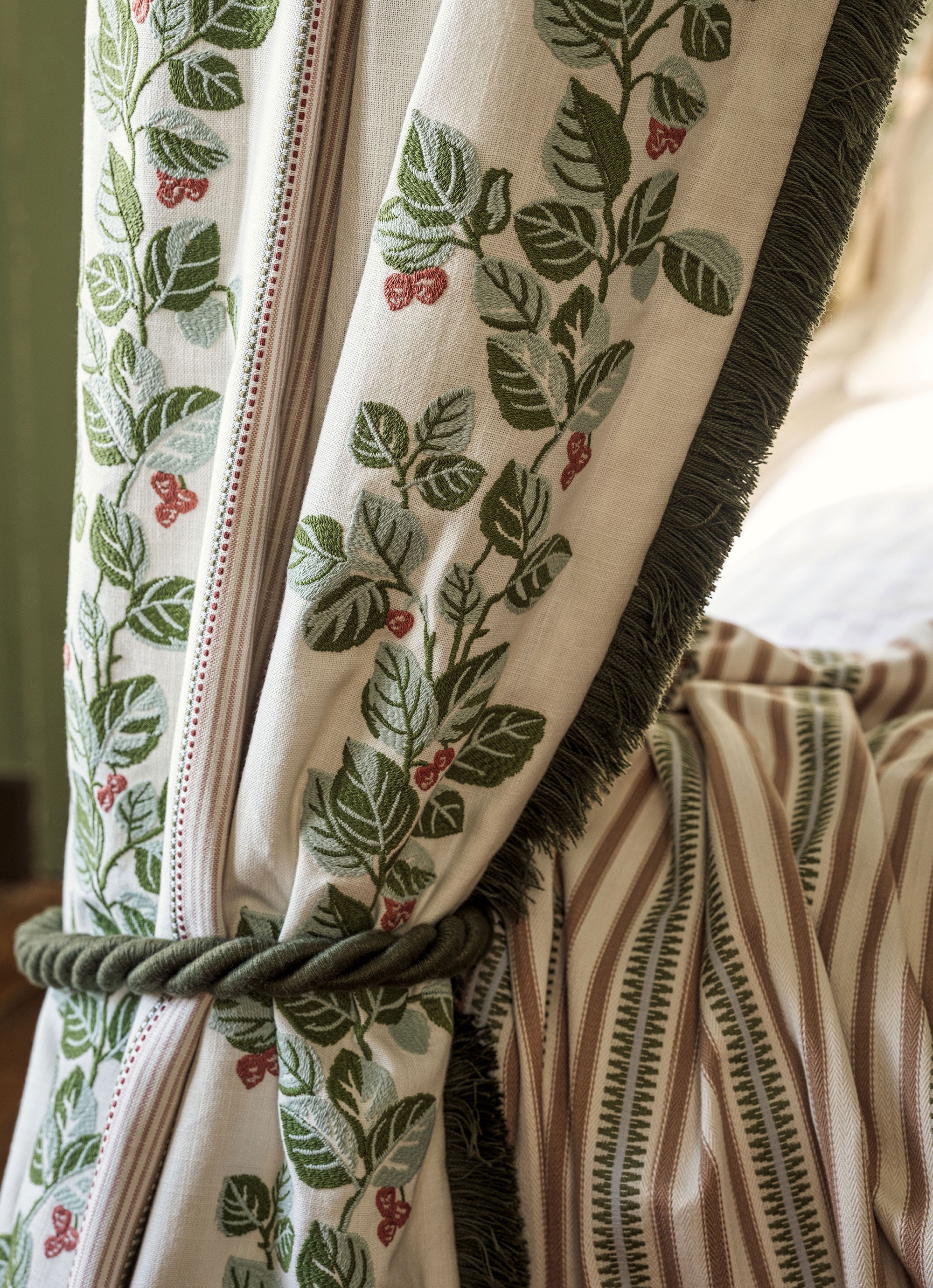 237785 Cobnut Stripe Leaf Green/Berry Sanderson x National Trust Volume II Fabric by Sanderson