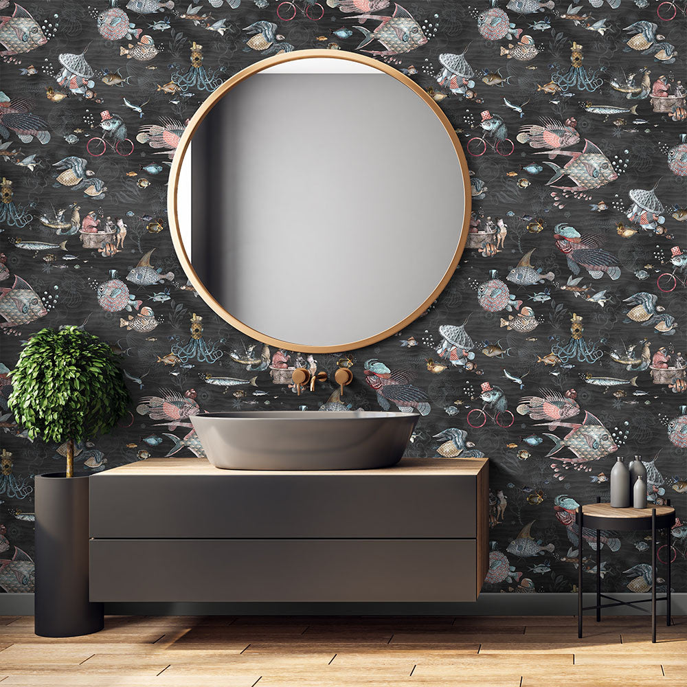 BMHD002/07C Sea Life Heart Deco Charcoal & Pink Wallpaper by Brand McKenzie