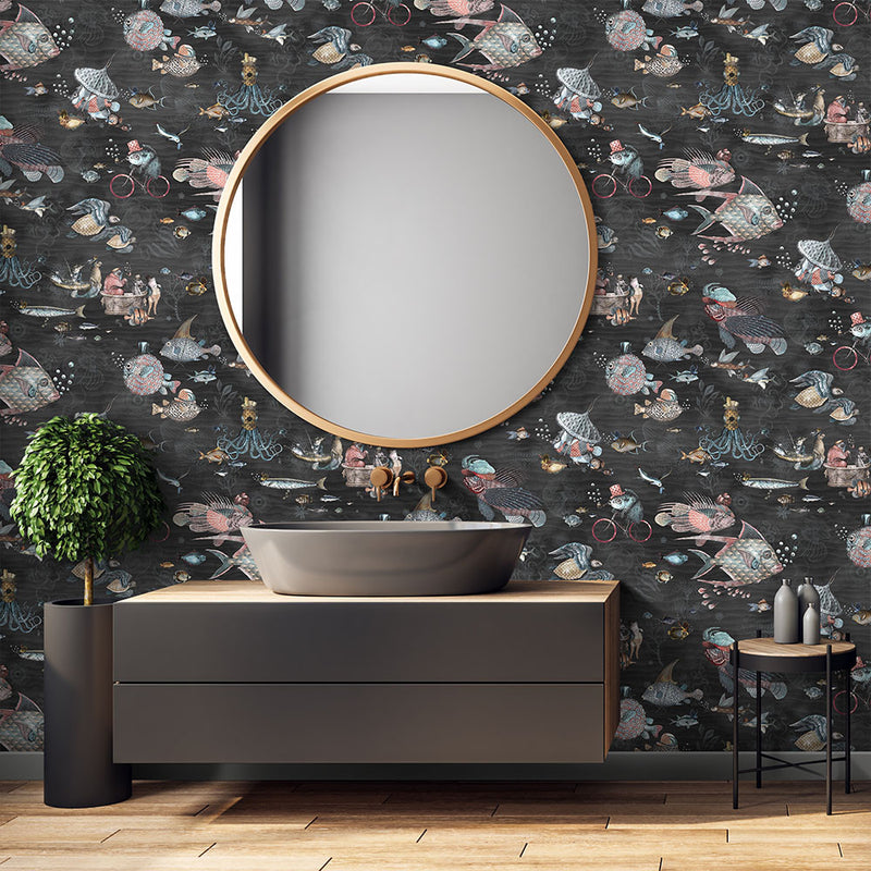 BMHD002/07C Sea Life Heart Deco Charcoal & Pink Wallpaper by Brand McKenzie