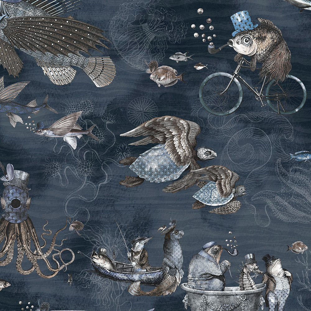 Sea Life Heart Deco Navy Wallpaper by Brand McKenzie