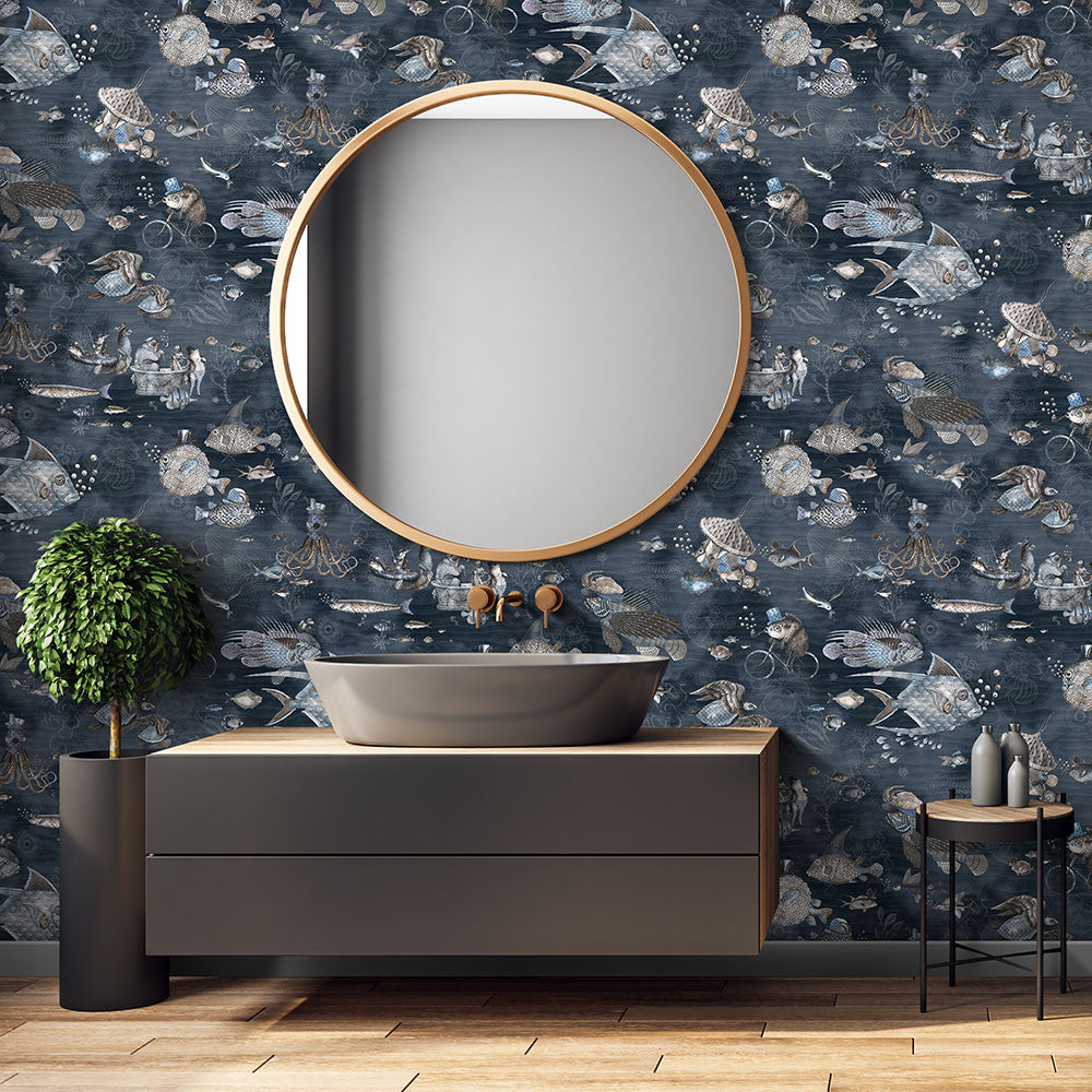 BMHD002/07D Sea Life Heart Deco Navy Wallpaper by Brand McKenzie
