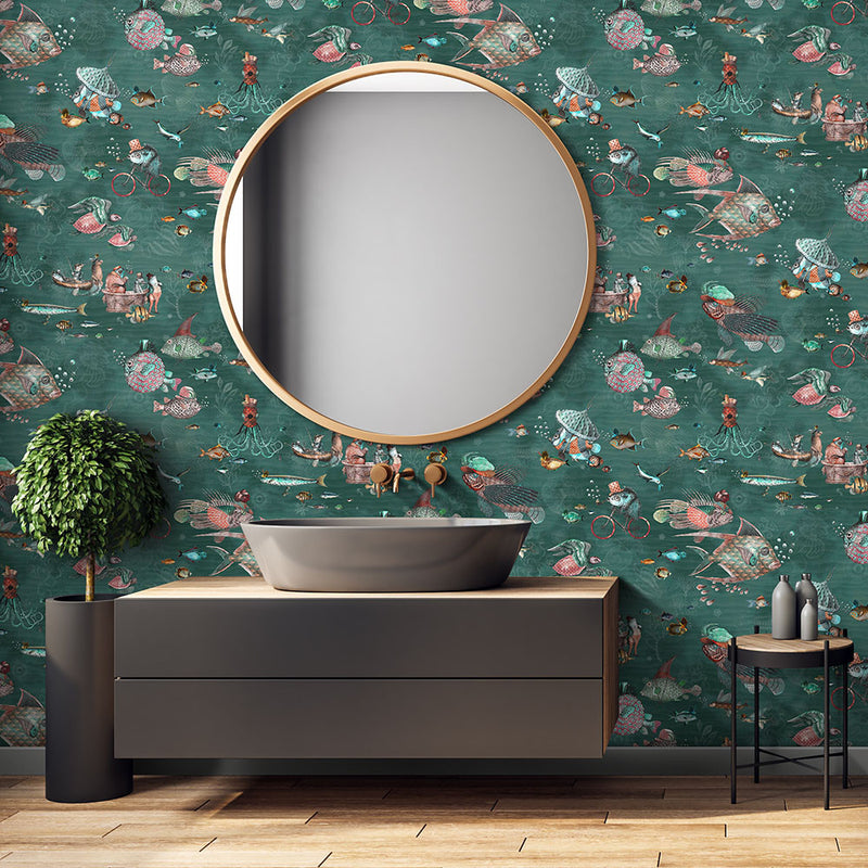 BMHD002/07E Sea Life Heart Deco Teal & Coral Wallpaper by Brand McKenzie