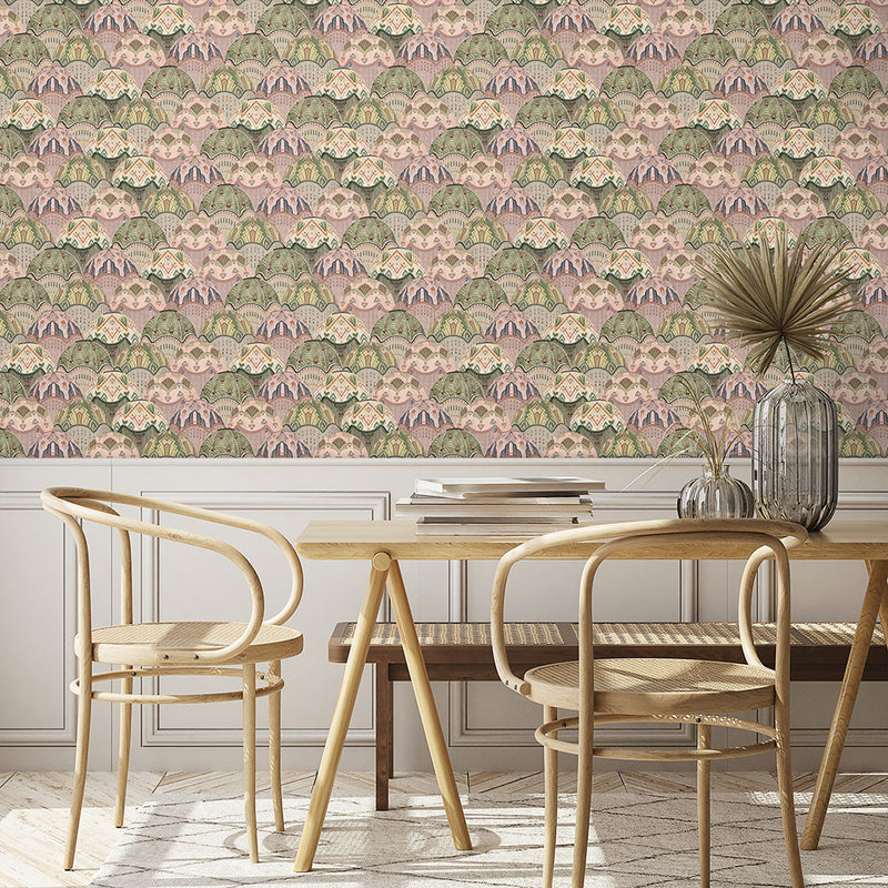 BMHD002/09C Silk Shades Heart Deco Salmon & Olive Wallpaper by Brand McKenzie