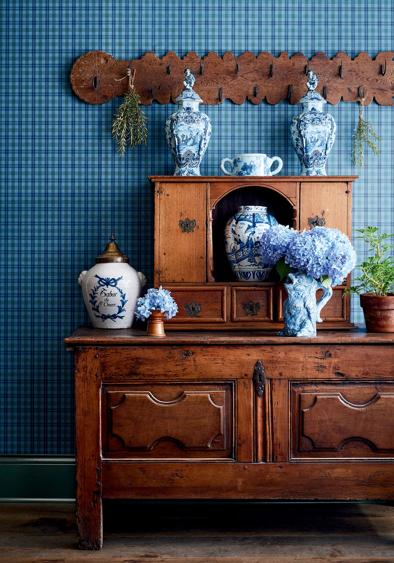 Huntley Plaid Dark Green Stripes and Checks Resource Wallpaper by Thibaut | T44052