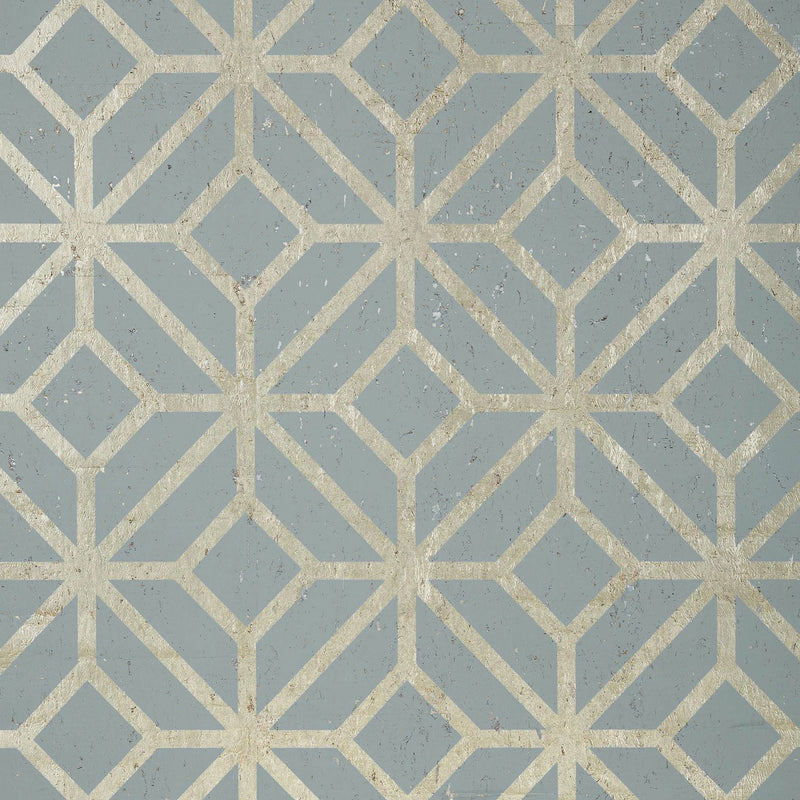 T10414 Mamora Trellis Cork Modern Resource 2 Spa Blue on Metallic Pewter Wallpaper by Thibaut