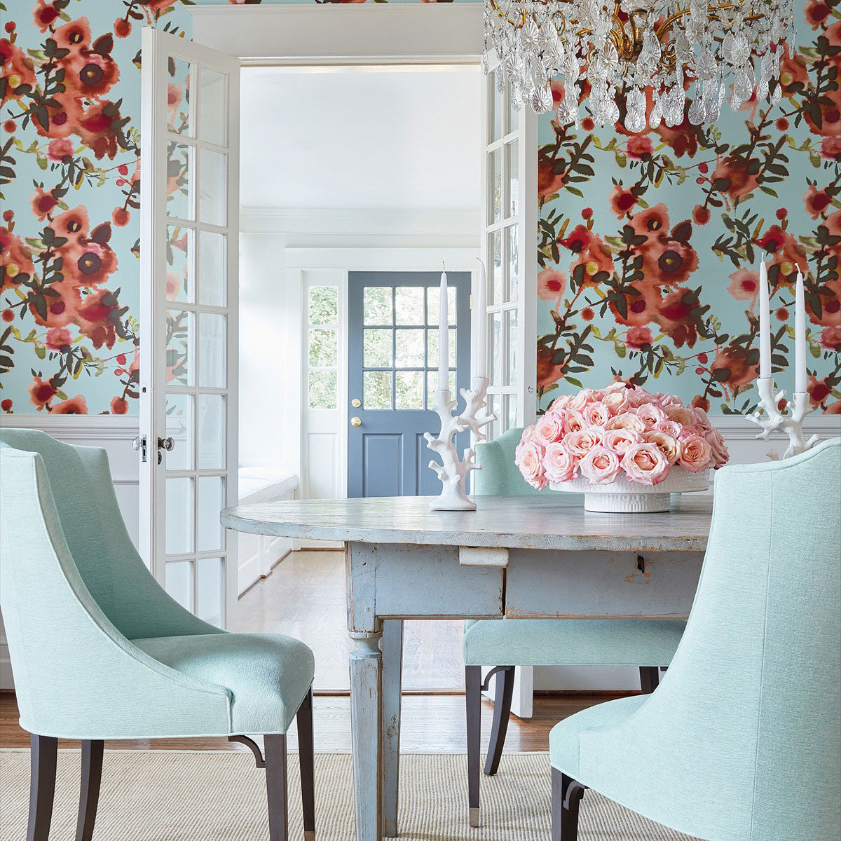 T13086 Open Spaces Summer House Aqua and Coral Wallpaper by Thibaut