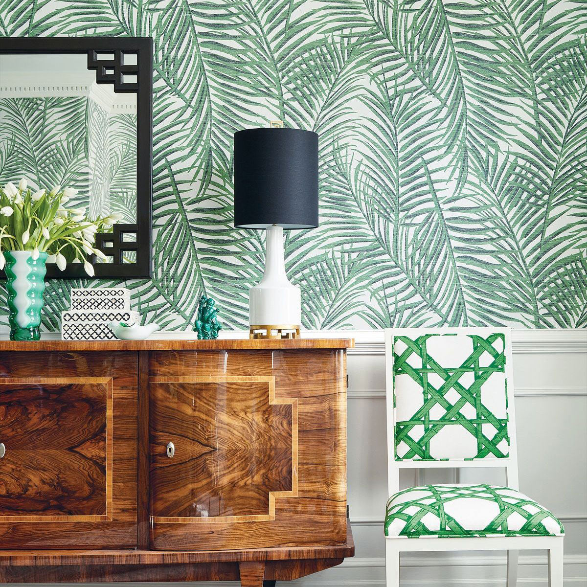 T13117 West Palm Summer House Emerald Green Wallpaper by Thibaut