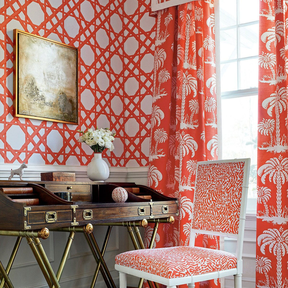 T13142 Cyrus Cane Summer House Coral Wallpaper by Thibaut