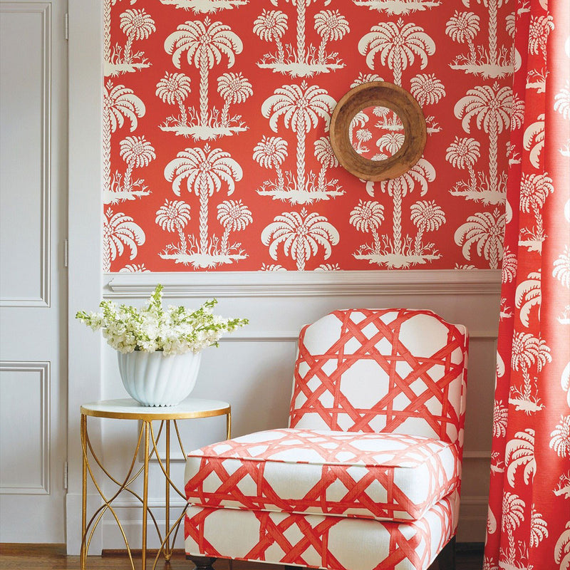 T13147 Palm Island Summer House Coral Wallpaper by Thibaut