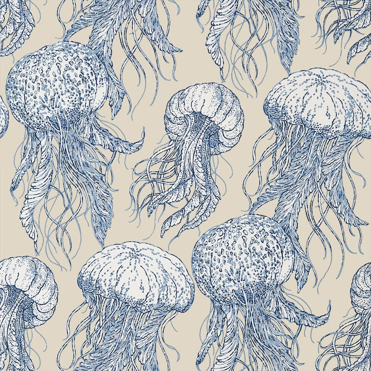 T13168 Jelly Fish Summer House Blue and Beige Wallpaper by Thibaut