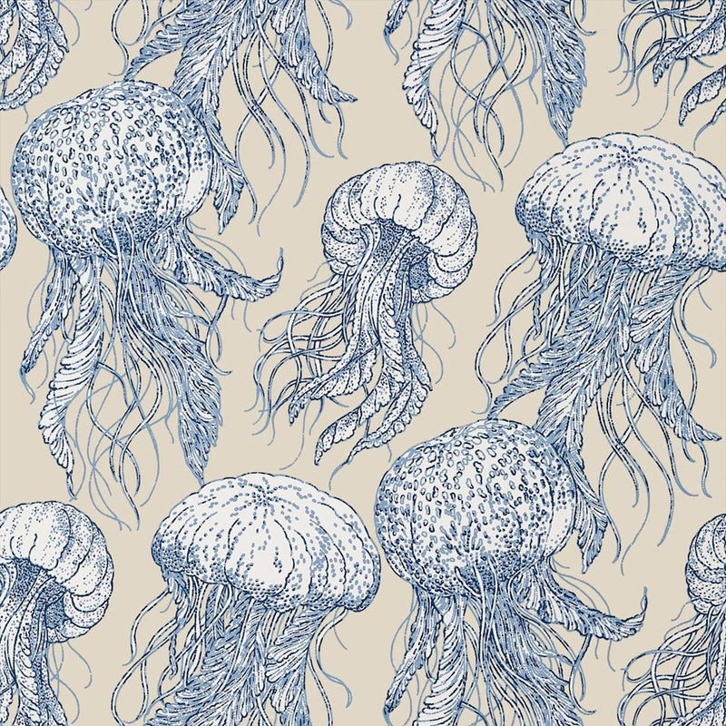 T13168 Jelly Fish Summer House Blue and Beige Wallpaper by Thibaut