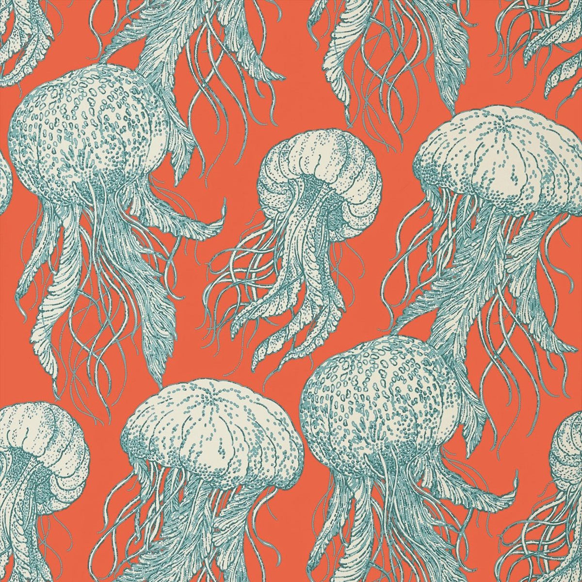 Jelly Fish Summer House Coral and Turquoise Wallpaper by Thibaut