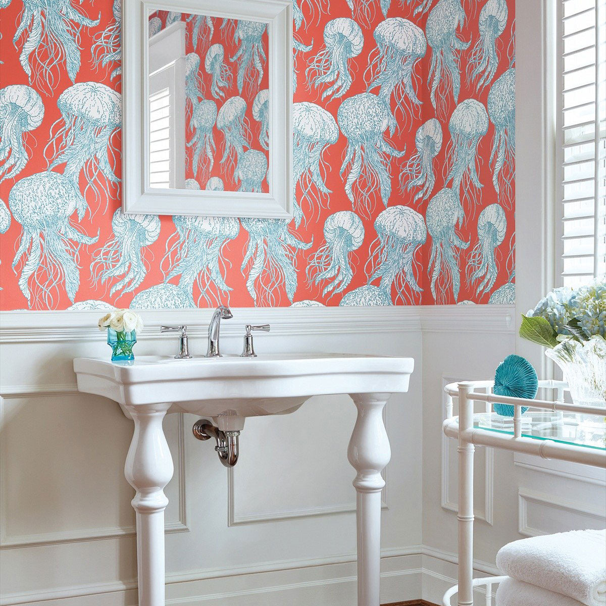 T13172 Jelly Fish Summer House Coral and Turquoise Wallpaper by Thibaut