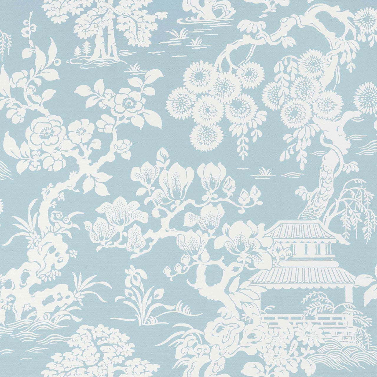 T13303 Japanese Garden Pavilion Spa Blue Wallpaper by Thibaut
