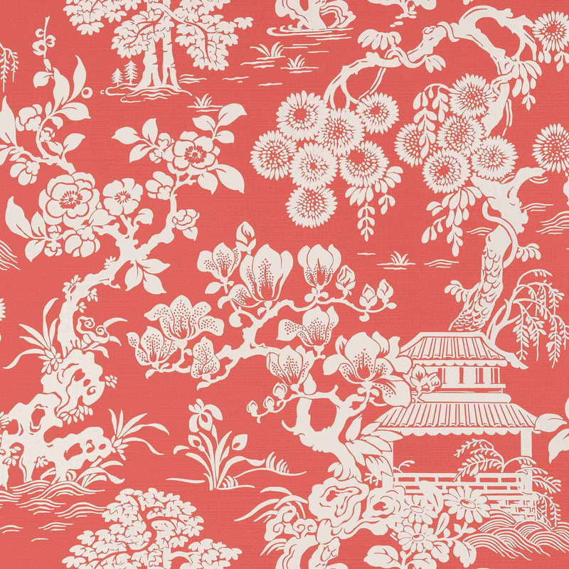T13305 Japanese Garden Pavilion Coral Wallpaper by Thibaut