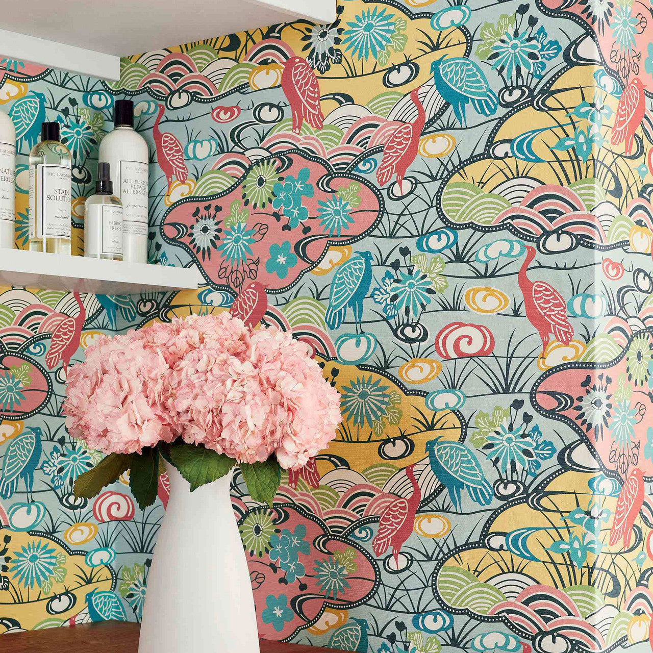 T13331 Heron Stream Pavilion Coral and Aqua Wallpaper by Thibaut