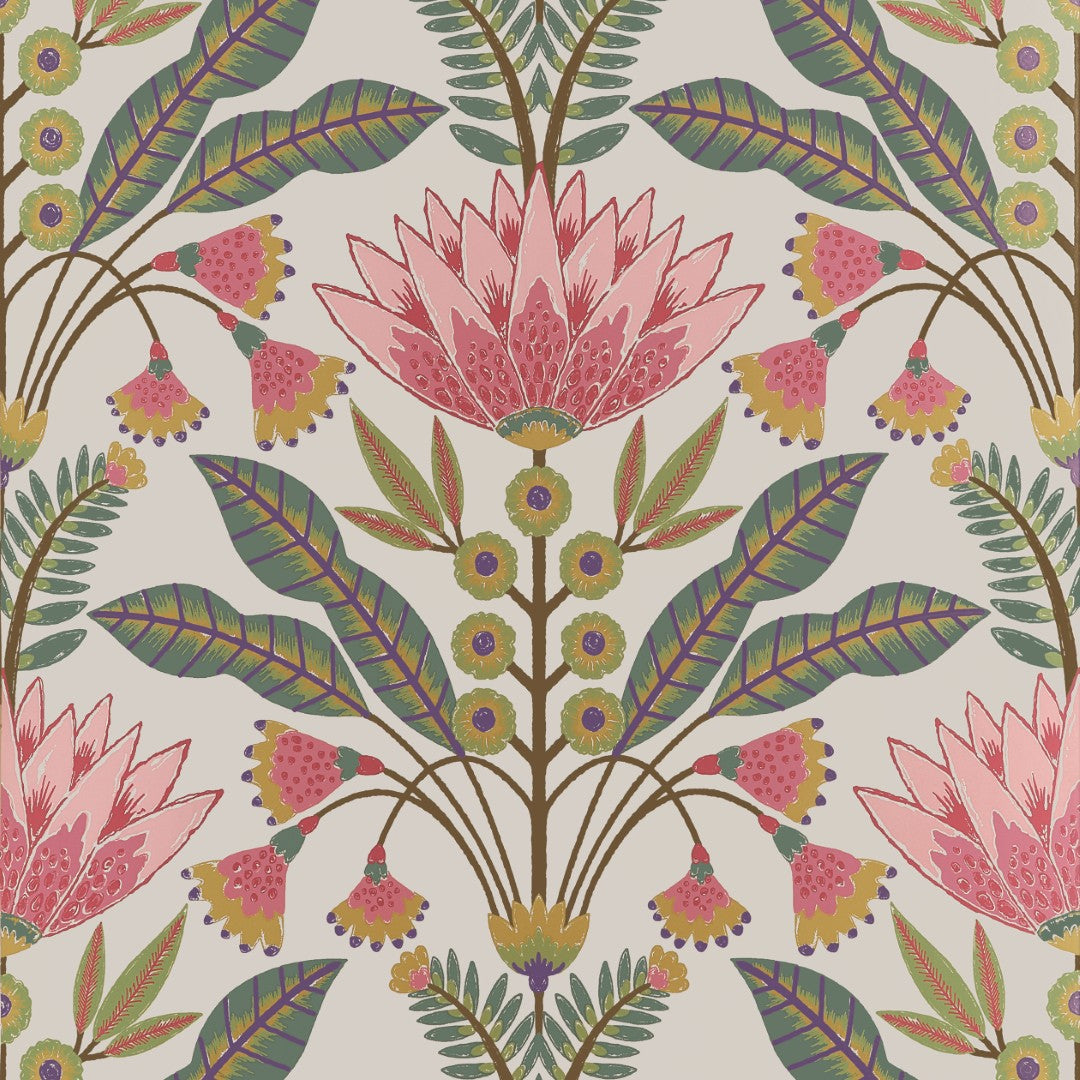 T14606 Lotus Cranberry and Green Wallpaper by Thibaut