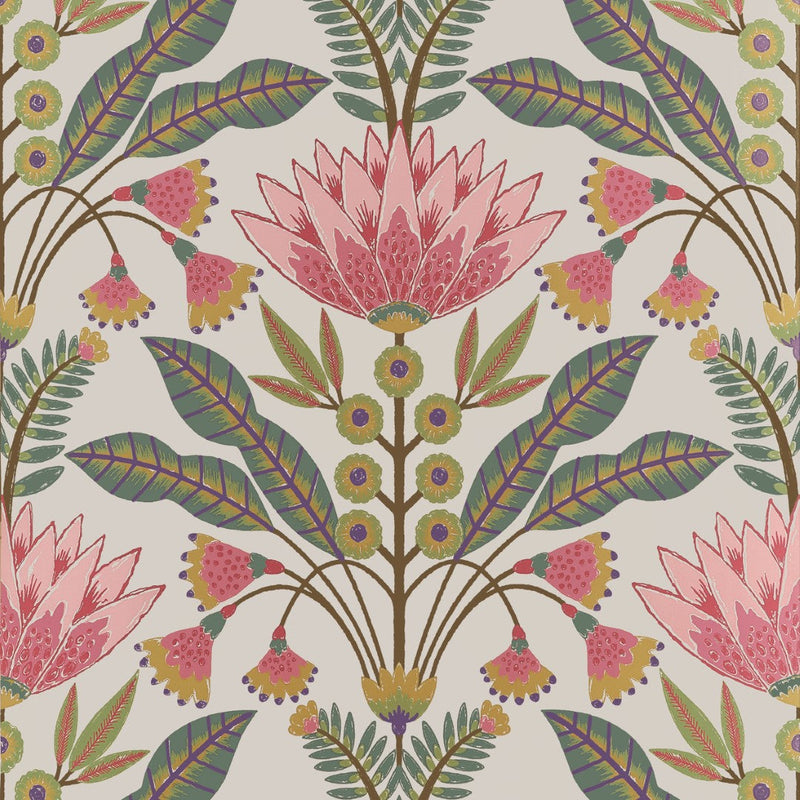 T14606 Lotus Cranberry and Green Wallpaper by Thibaut