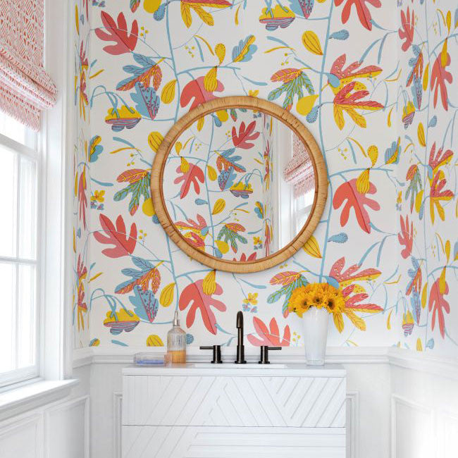 T16206 Matisse Leaf Kismet Coral and Yellow Wallpaper by Thibaut