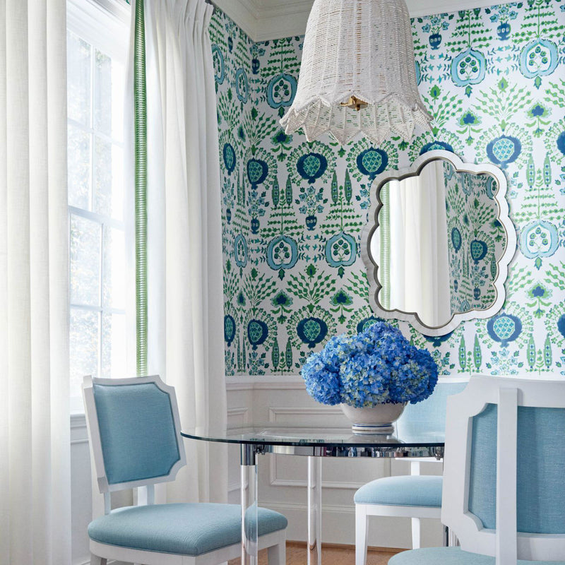 T16240 Mendoza Suzani Kismet Blue and Green on White Wallpaper by Thibaut