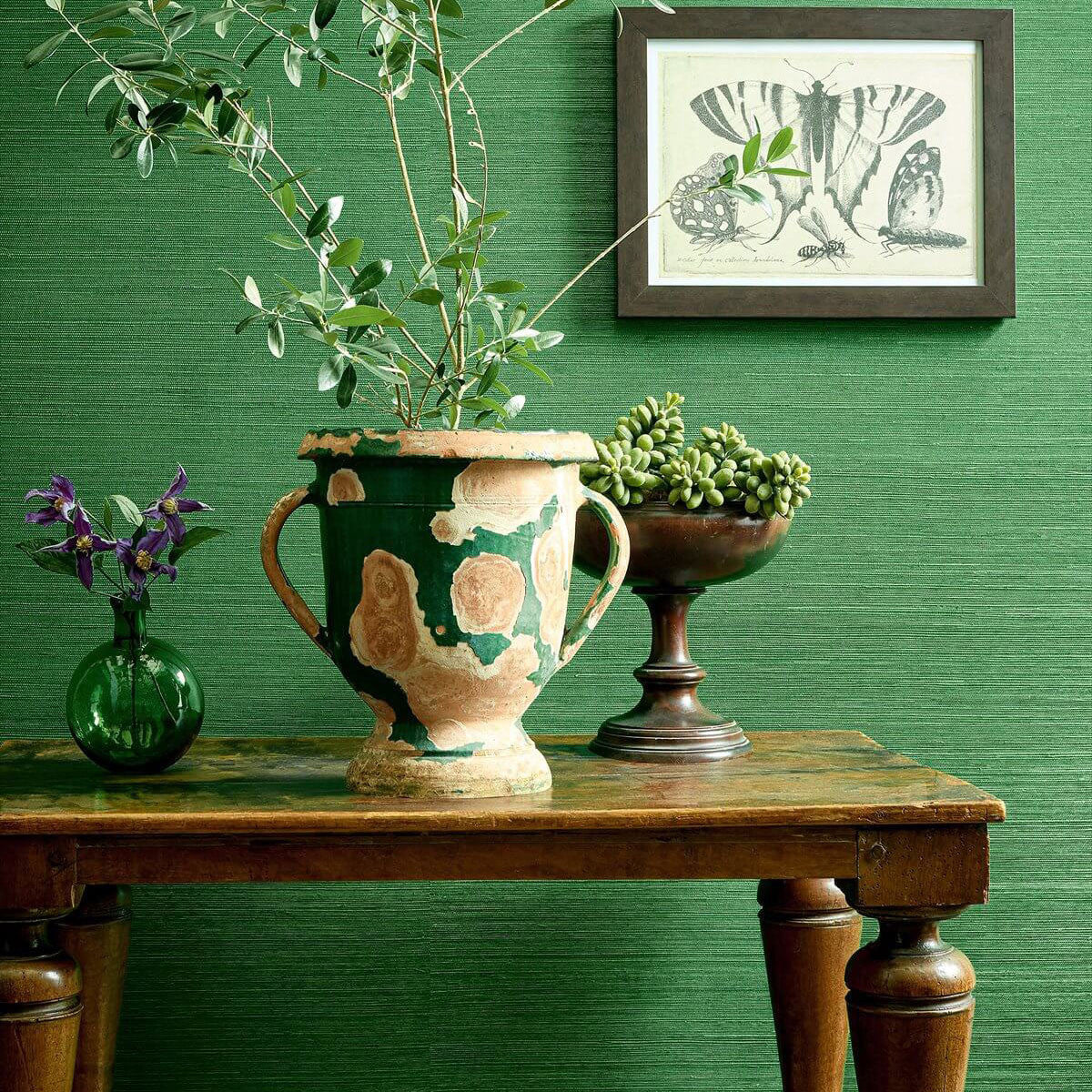 T19612 Shang Extra Fine Sisal Grasscloth Resource Volume 6 Emerald Green Wallpaper by Thibaut