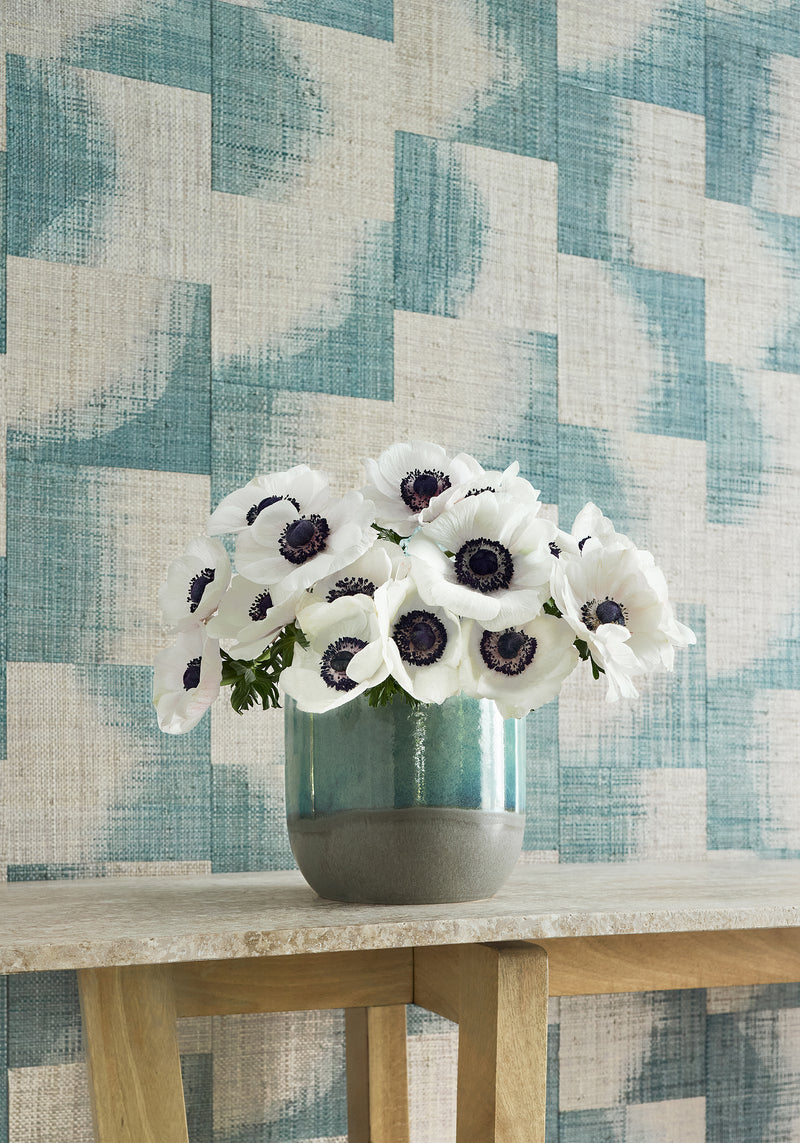 T24429 Raffia Squares Mineral Yutori Wallpaper by Thibaut