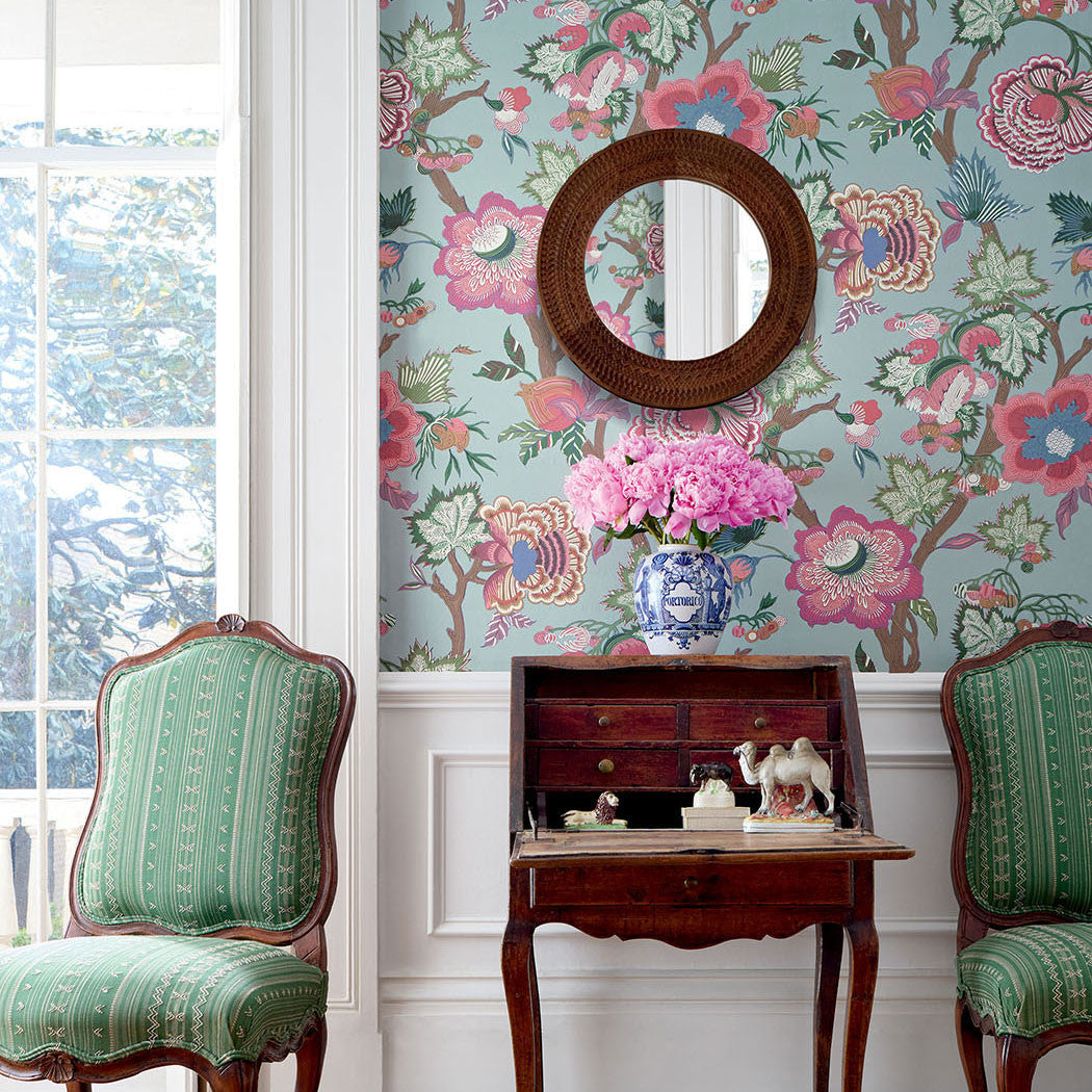 T36415 Indienne Jacobean Indienne Raspberry and Teal Wallpaper by Thibaut