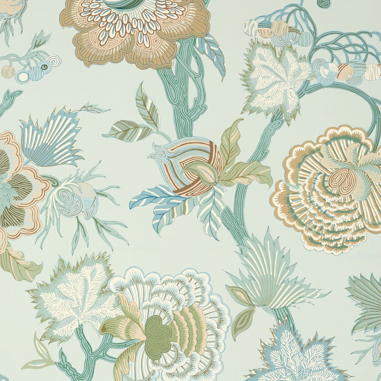T36417 Indienne Jacobean Indienne Seaglass and Gold Wallpaper by Thibaut