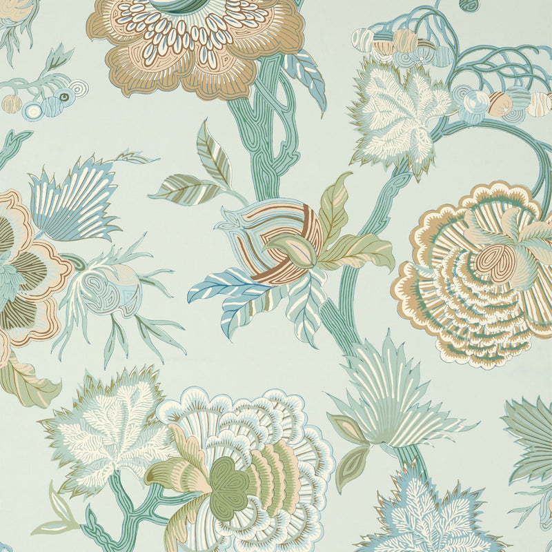 T36417 Indienne Jacobean Indienne Seaglass and Gold Wallpaper by Thibaut