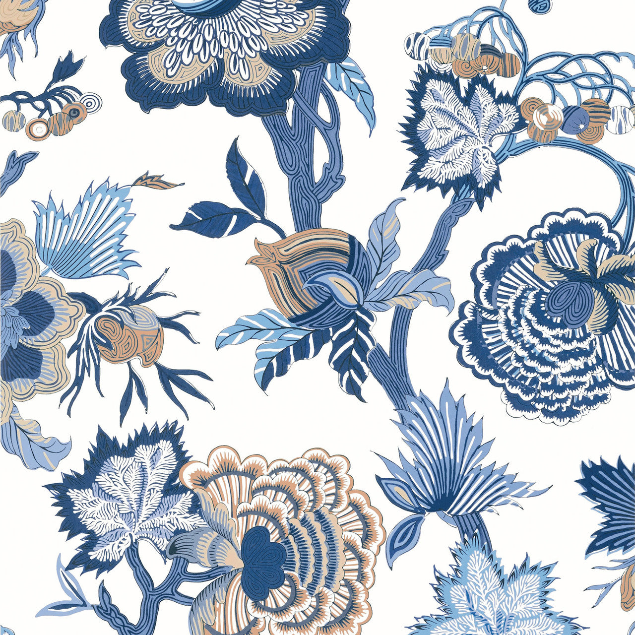 T36418 Indienne Jacobean Indienne Blue and White Wallpaper by Thibaut
