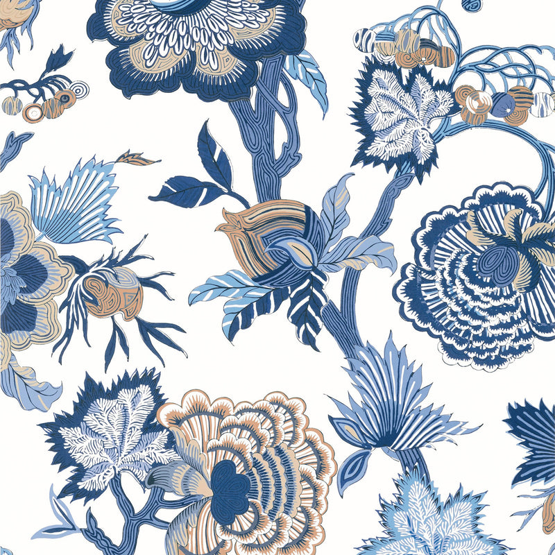 T36418 Indienne Jacobean Indienne Blue and White Wallpaper by Thibaut