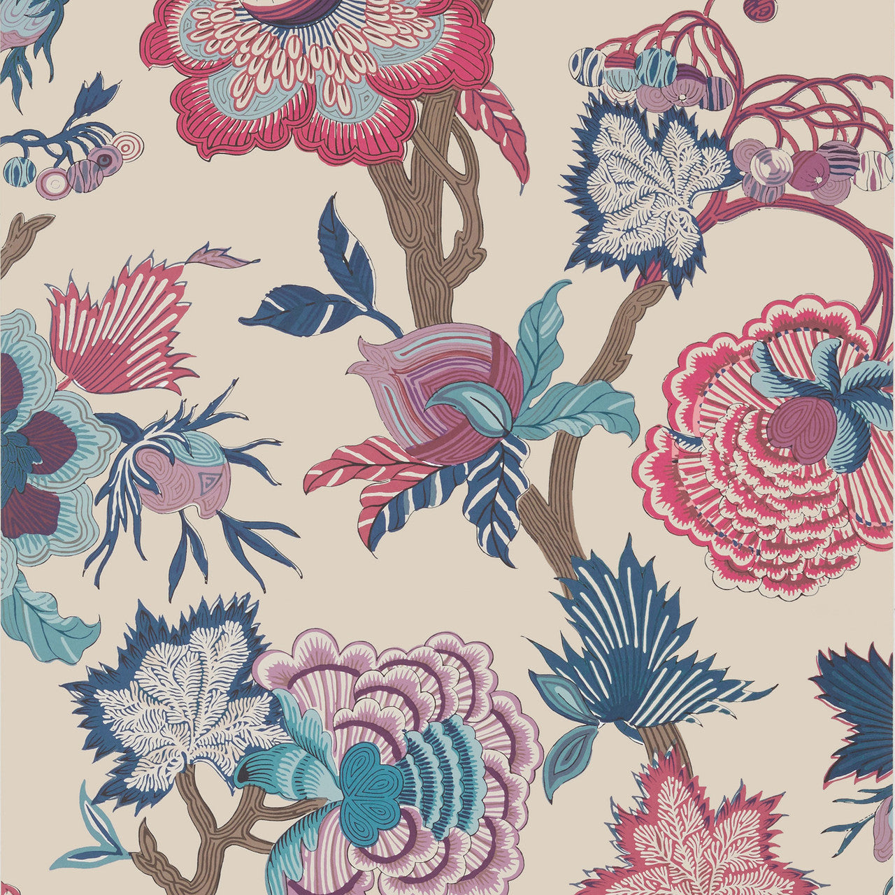 T36419 Indienne Jacobean Indienne Raspberry and Blue on Natural Wallpaper by Thibaut