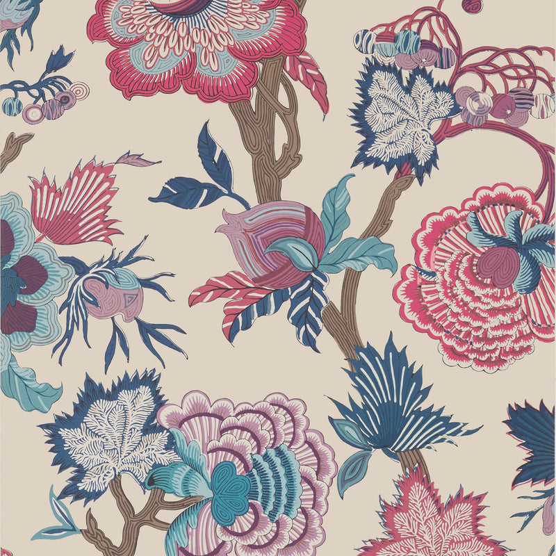 T36419 Indienne Jacobean Indienne Raspberry and Blue on Natural Wallpaper by Thibaut
