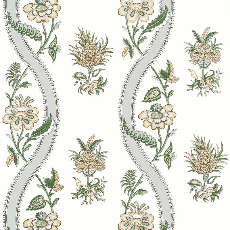 T36421 Ribbon Floral Indienne Green Wallpaper by Thibaut
