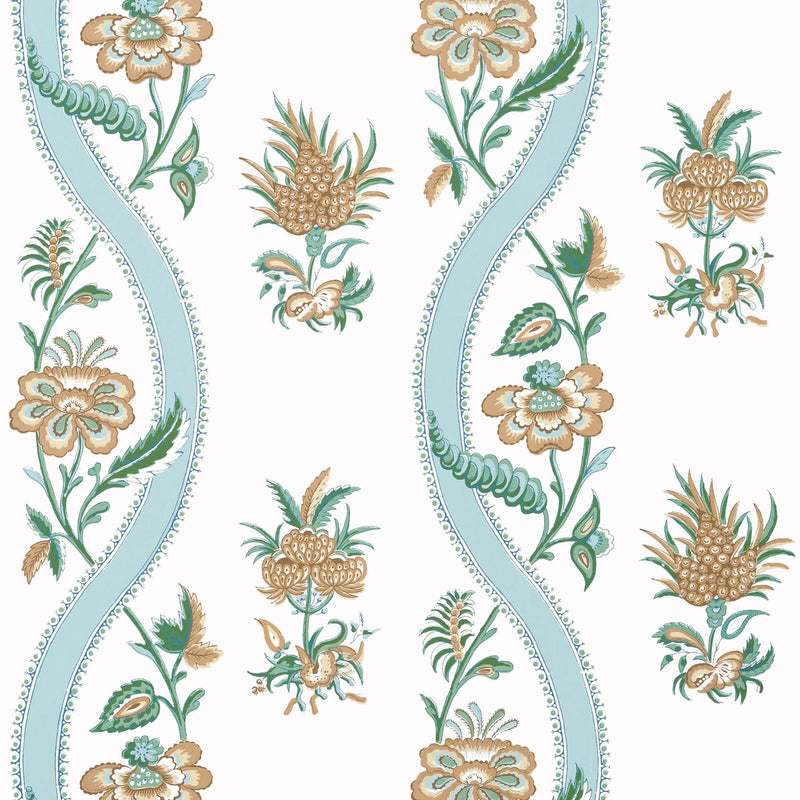 T36422 Ribbon Floral Indienne Seaglass and Gold Wallpaper by Thibaut