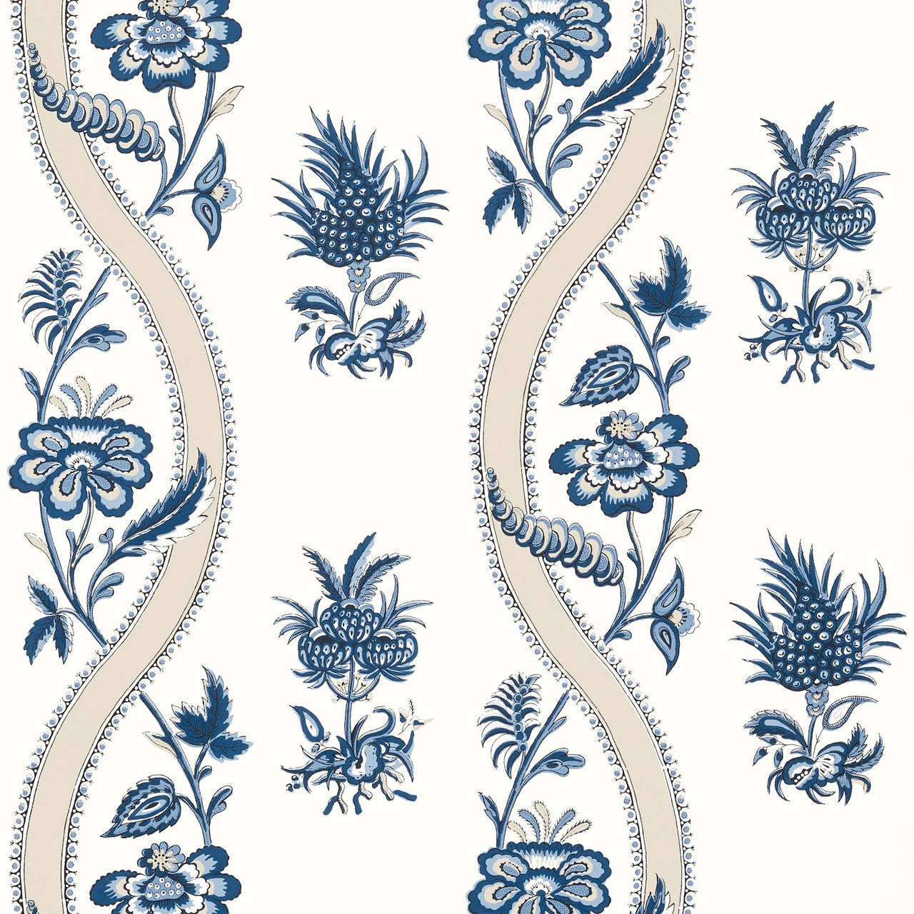 T36423 Ribbon Floral Indienne Blue and White Wallpaper by Thibaut